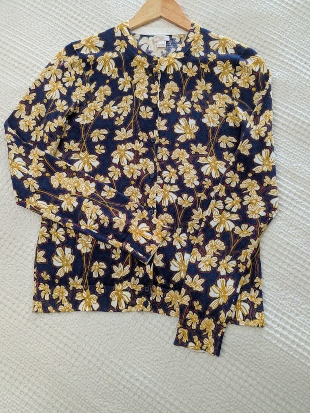 J.Crew M Cotton Floral Knitted Cardigan Navy Botanical Print Brunch Cottagecore - Picture 4 of 14